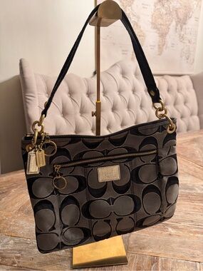 Coach Poppy Black and Brown Signature Jacquard Shoulder Bag